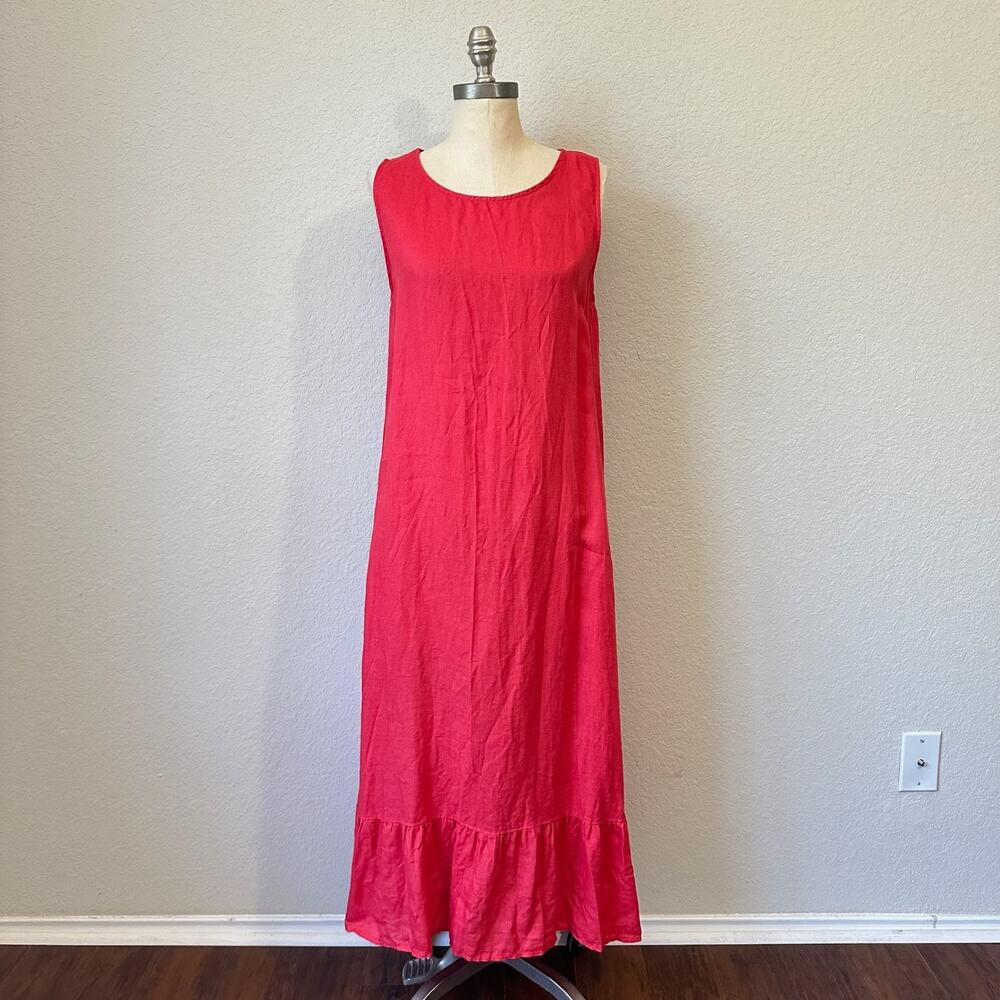 TERZO MILLENNIO Maxi Dress Red Linen Ruffled Drop Waist Sleeveless